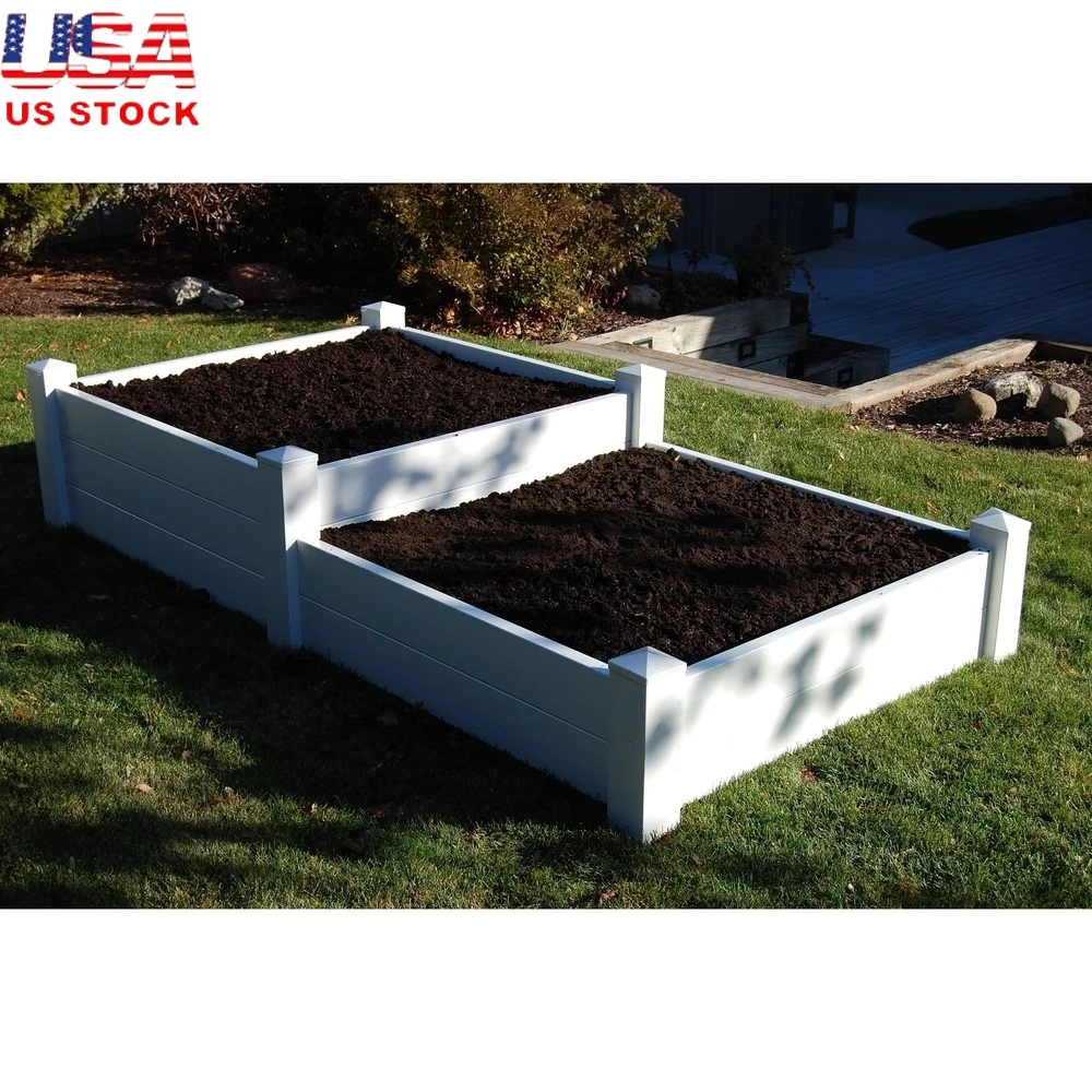 

Split Level Raised Planter Bed 4ft x 8ft Durable PVC UV Resistant Garden Box Root and Shallow Plants with Anchors