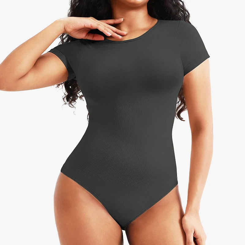 GUUDIA Open Crotch Crew Neck Seamless Slimming Butt Lifter Elastic Short Sleeve Women Thong Bodysuit Body Shaper Basic Shirt Top