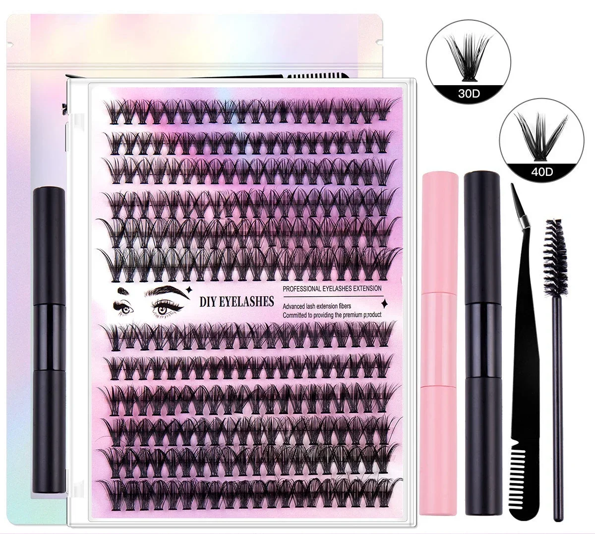 DIY Eyelash Extension Kit 240 Pieces Single Eyelash Cluster Eyelash Extension Adhesive Applicator