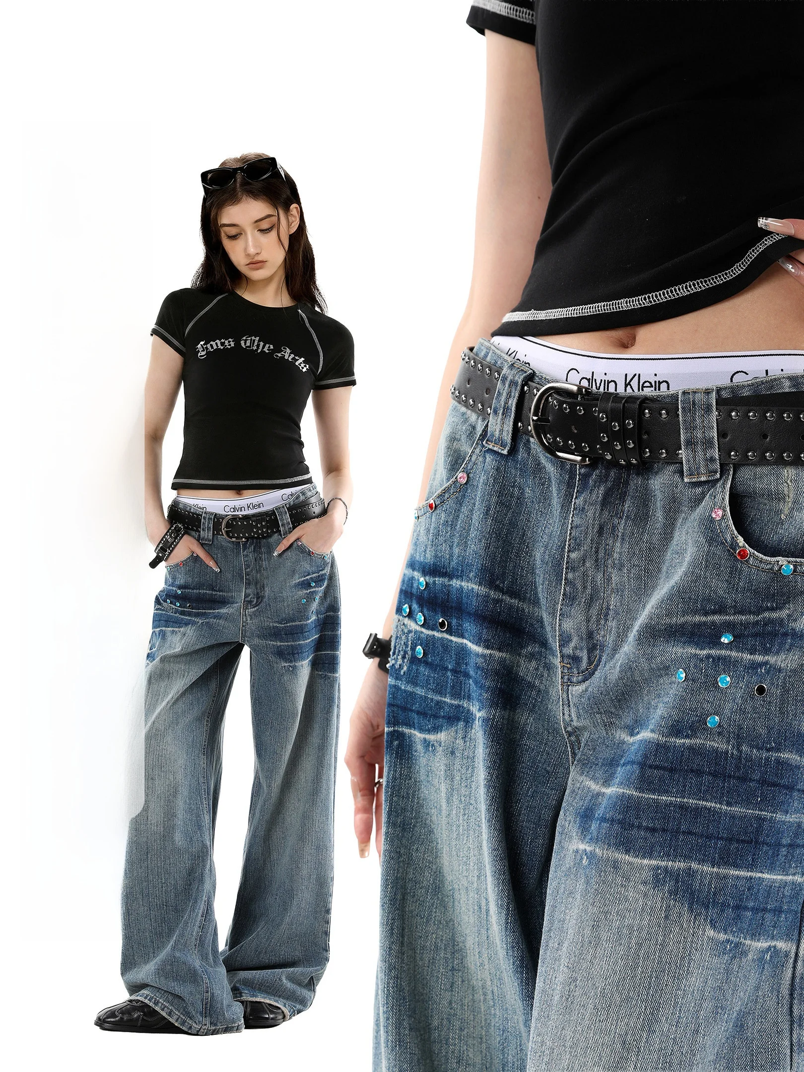 

Washed Vintage Wide Leg Jeans Women's Thin Straight Cut Summer Jeans Natural Waist Zipper Fly Cotton Polyester Blend