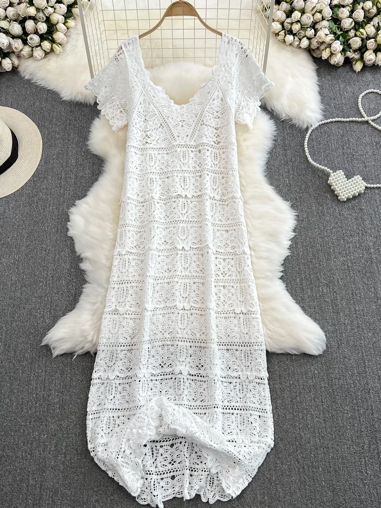 เดรสยาวทรงเอเข้ารูปผูกเอว ผ้าลูกไม้โปร่งลายฉลุ รุ่น Hebe Sle Summer Long Dr Gentle ort Sve V-Ne