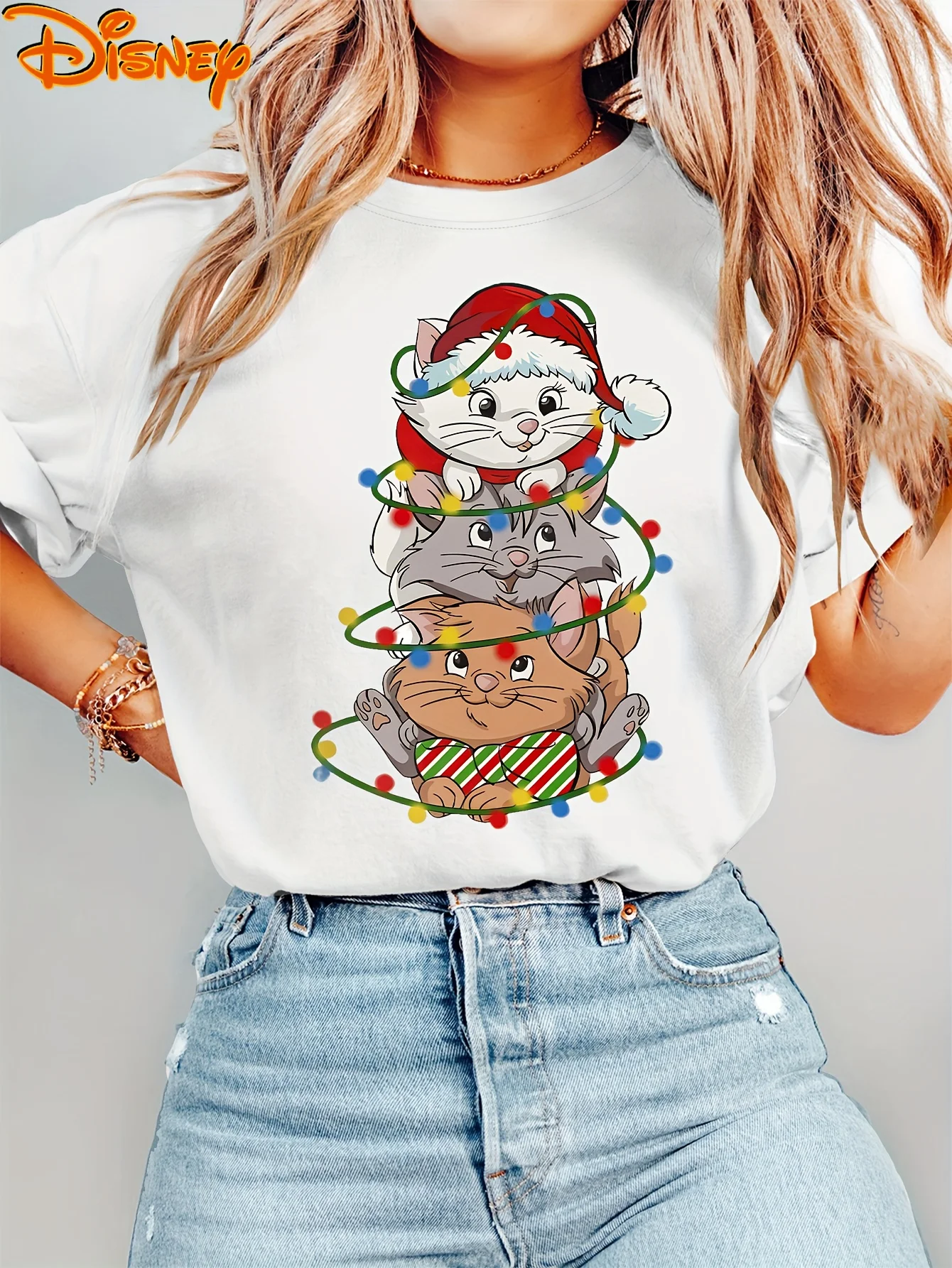 Disney Christmas Aristogatti Marie Cat Luci impilabili T Shirt Vintage Donna Uomo T-shirt in cotone O-Collo