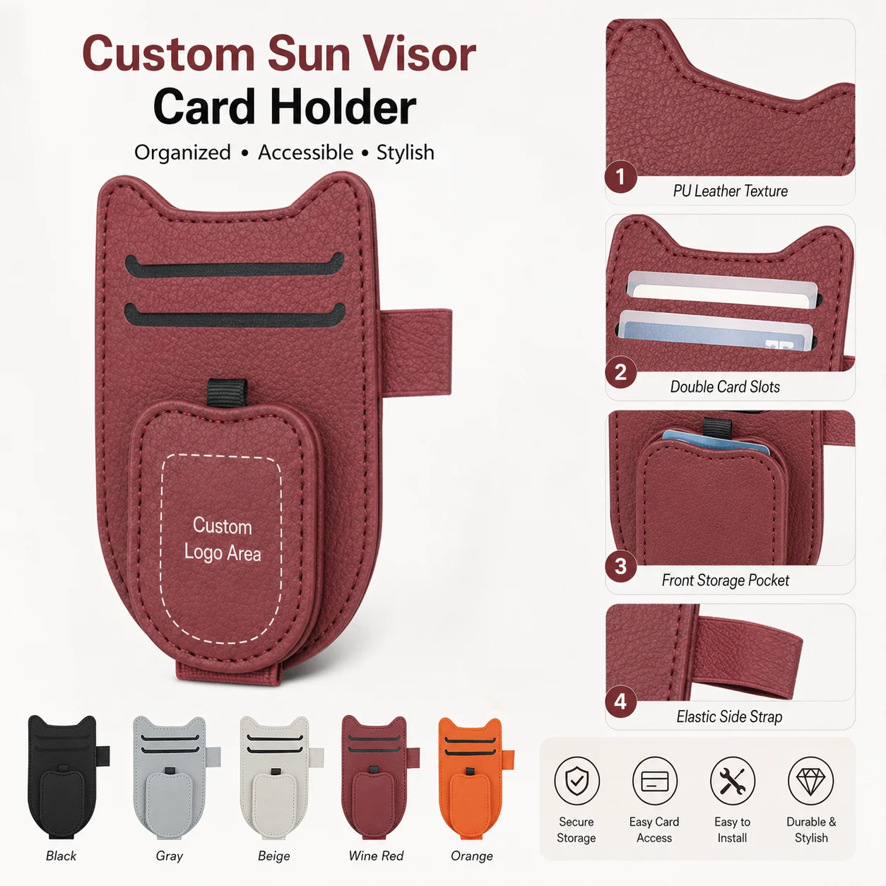 Custom Logo Sun Visor Card Holder, PU Leather Car Organizer, Secure Storage for ID Cards & Tickets, Custom Text Sunglasses Clip view 4