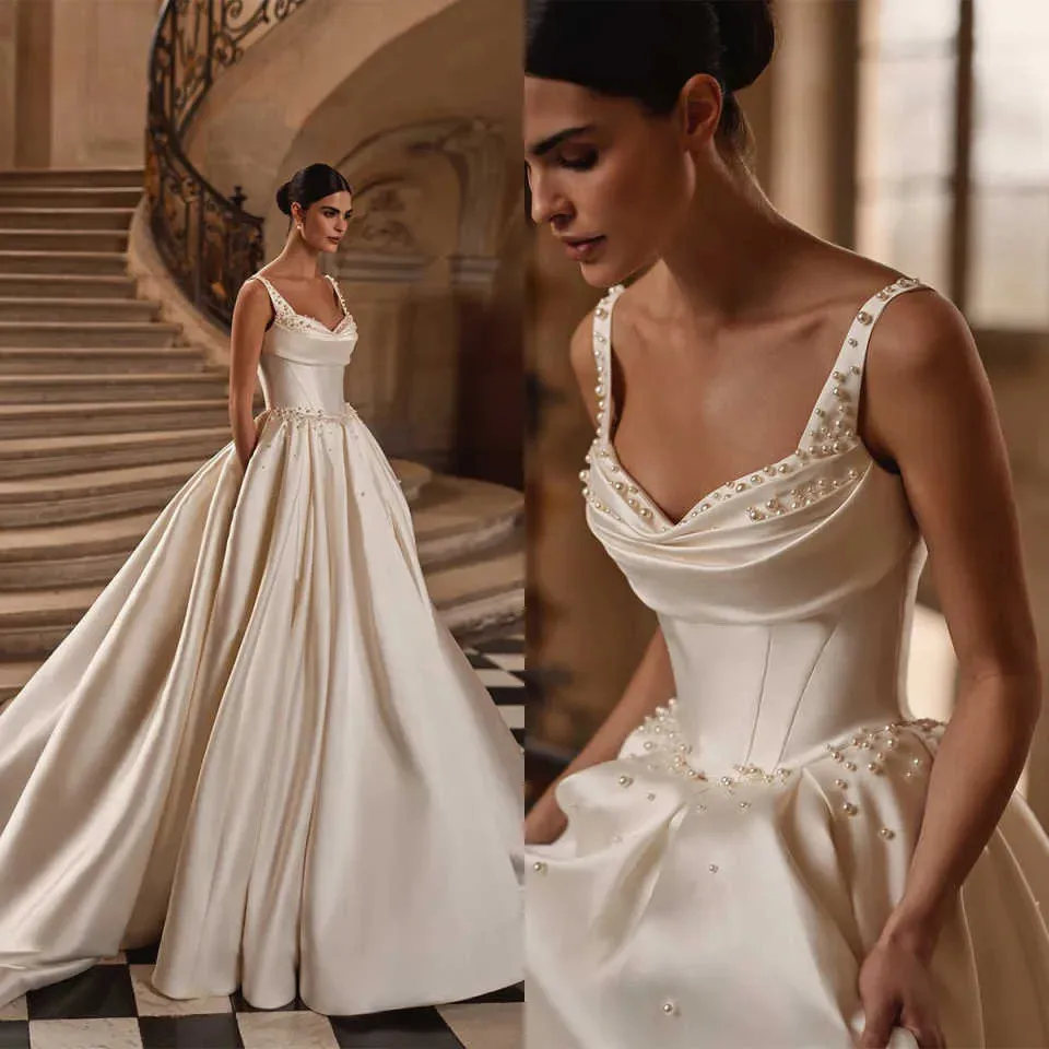 Wedding Dresses Beading Satin Spaghetti Straps Bridal Gowns Backless Bride Dress