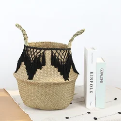 Seagrass Storage Basket Lace Laundry Tassel pendant Basket Natural Rattan Flower Basket Straw Toys storage organizer Black White