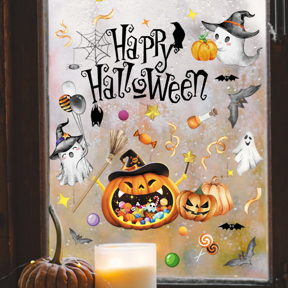 2 sheets/set 2024 New Halloween English Pumpkin Kid Bat Static Glass Sticker Window Sticker Living room Decoration 20 * 30Cm