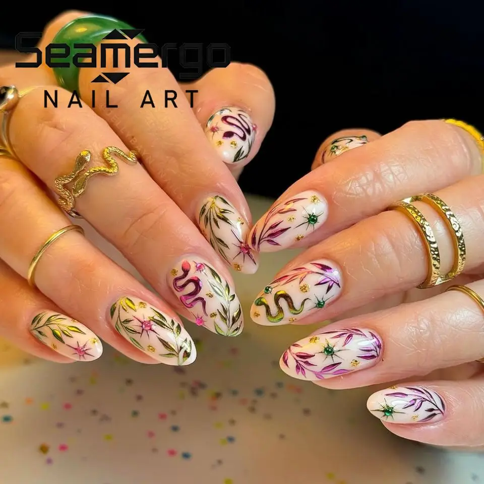 

24 шт. накладных ногтей в форме миндаля с металлическим дизайном под змеиную кожу, красочный цветочный узор, золотые точечки, многоразовые накладные ногти для маникюра