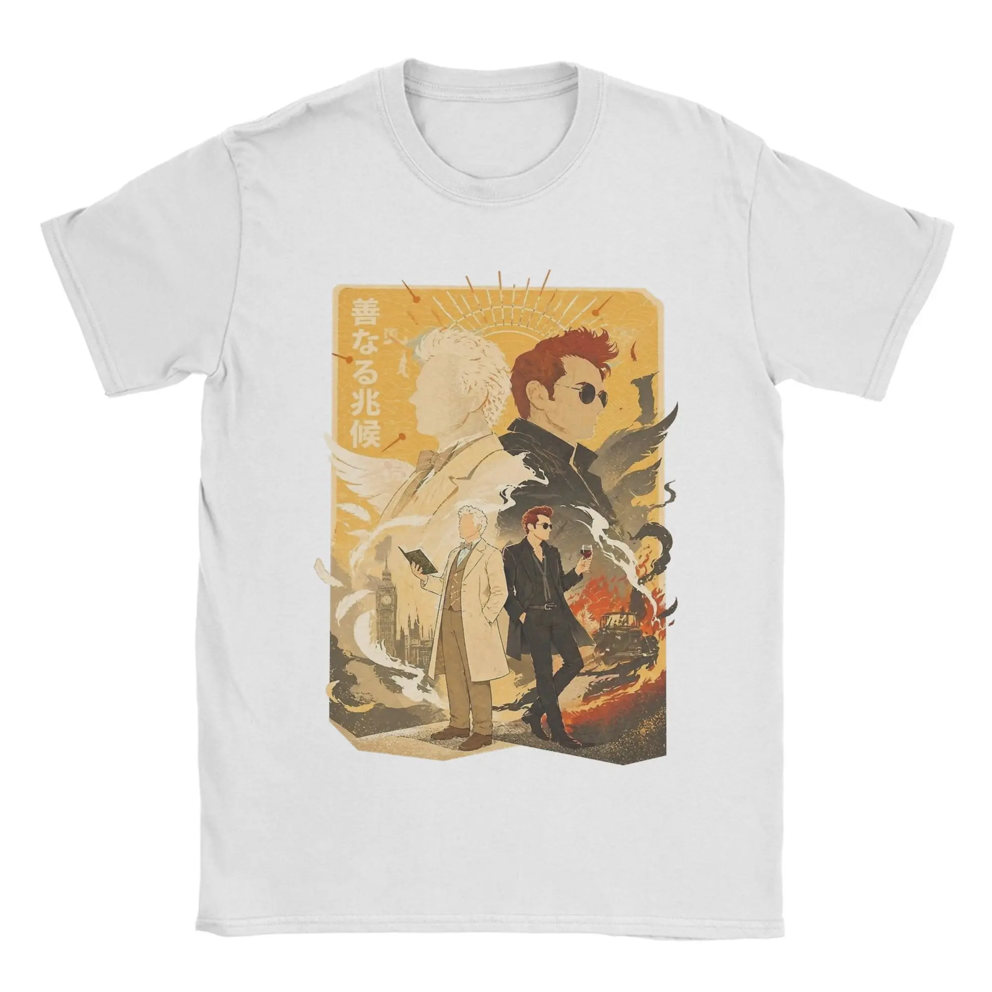 Camisetas Good Omens Good Demon Bad Angel para hombre, camiseta Vintage de algodón, camisetas con cuello redondo, ropa de manga corta para verano
