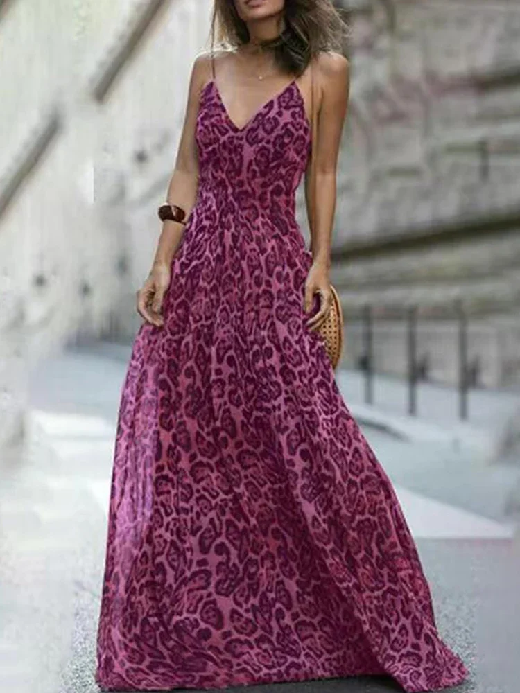 Sexy V Neck Leopard Print Sling Dress Summer Elegant Off Shoulder Long Party Dress Fashion Women Wrap Waist Slim Robe Dress