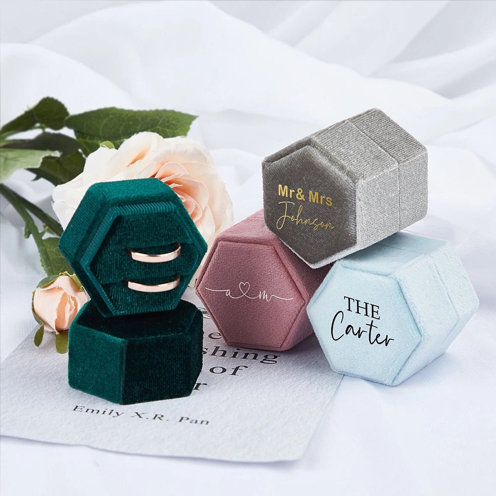 Personalized Hexagon Velvet Ring Box Custom Wedding Engagement Double Slot Monogram Ring Bearer Bride and Groom Exclusive Gift