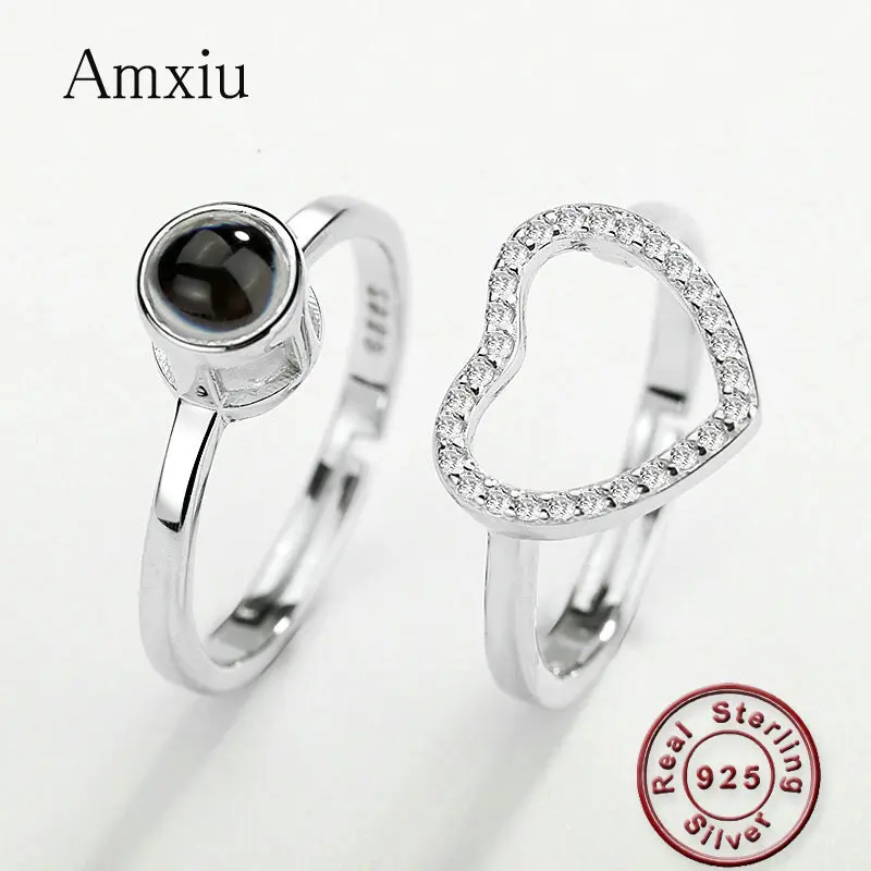 

Amxiu Two-in-one Projection Ring 100 languages I love you 925 Sterling Silver Ring Adjustable Ring Heart Zircon Rings Open Ring