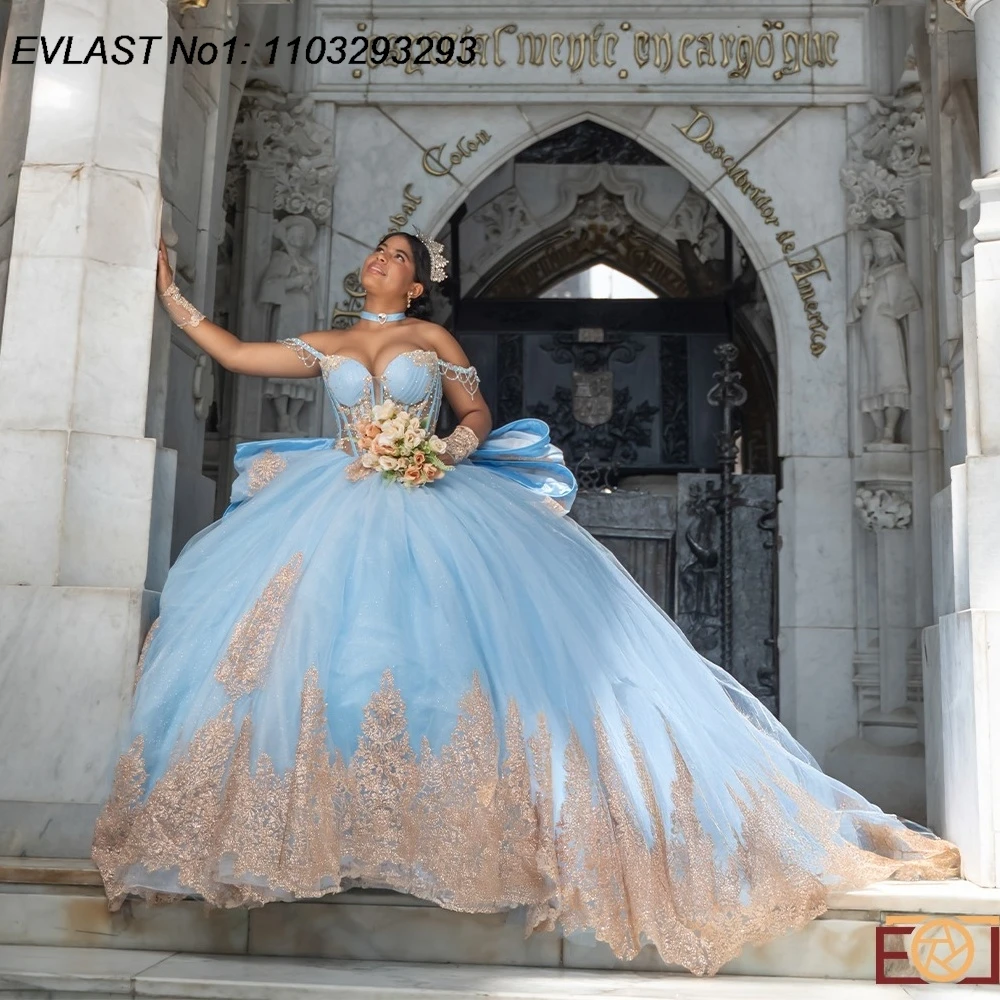 EVLAST Personalizzato Lucido Blu Floreale Abito Quinceanera Abito di Sfera Oro Applique di Pizzo Che Borda Dolce 16 Abiti Da 15 Anos E1QN643