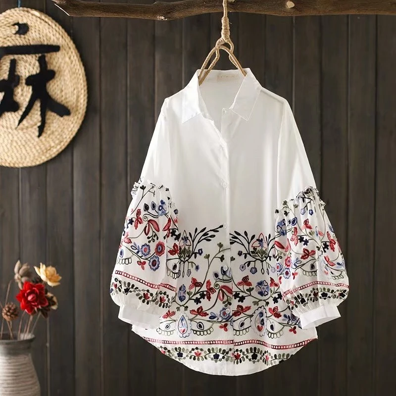 

Vintage Folk Style Embroidery White Women Shirts Summer 2023 Lantern Sleeved Loose Casual Female Outwear Tops