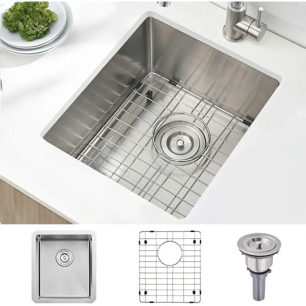 

StainlSteel Undermount Bar Sink, 15 x 17 Inches Small Wet Bar Undermount 16 Gauge SUS304 Brushed Nickel Single Bowl Outdoor Kitc