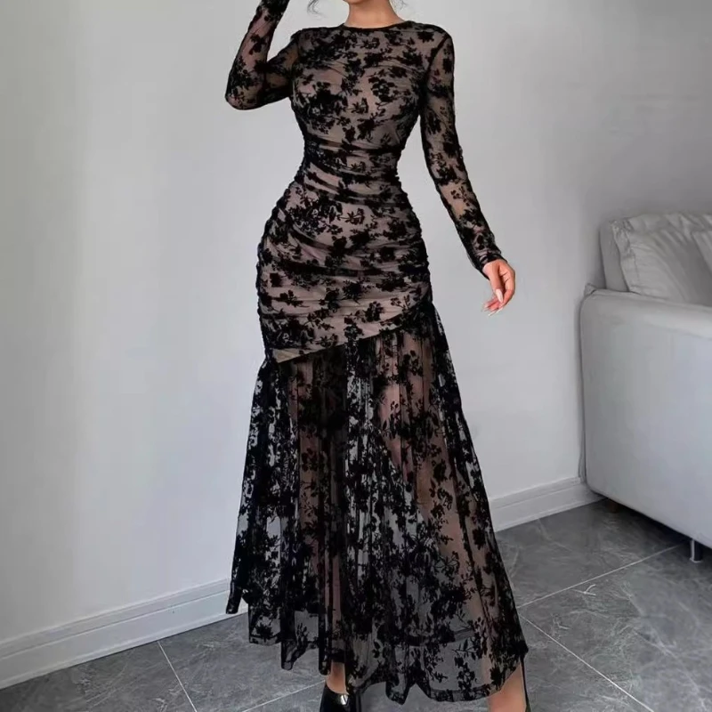 

Womens Dresses Fashion New Summer 2025 Sexy Mesh Splicing Large Swing Temperament Commuting Elegant Long Sleeves Maxi Dress