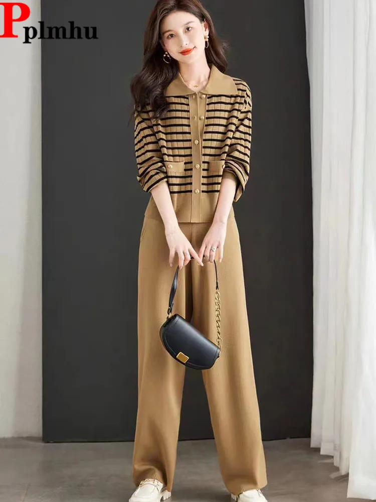 

Women Elegant Knitted 2 Piece Sets Casual Striped Long Sleeve Knit Cardigan Tops Conjuntos Korean High Waist Sweatpants Outfit