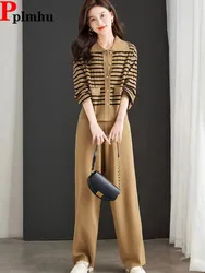 Women Elegant Knitted 2 Piece Sets Casual Striped Long Sleeve Knit Cardigan Tops Conjuntos Korean High Waist Sweatpants Outfit