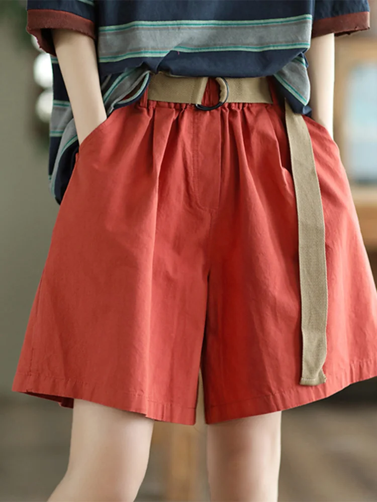 Cintura alta perna larga ort calças femininas verão cor cinco quartos comprimento calças casuais vintage sle material de algodão