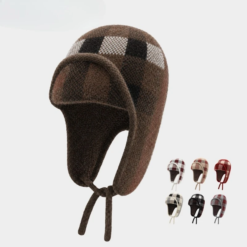 Japanische karierte Strickmütze für den Winter, zum Radfahren im Freien, warm und winddicht, mit Schnürung und Plüschfutter, Bombermütze für Männer und Frauen – Detail 2
