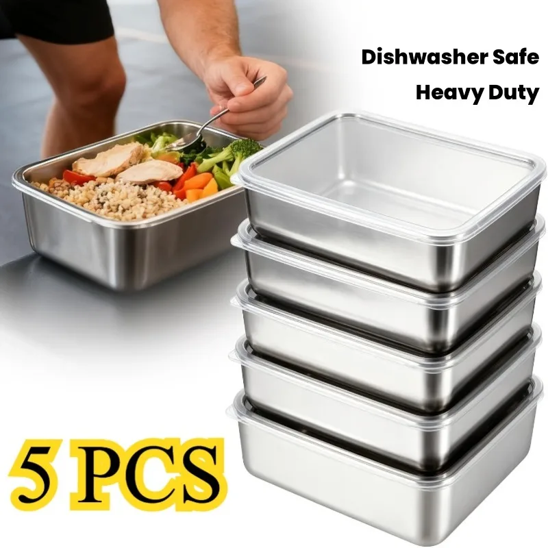 Conjunto de 5 Recipientes de Aço Inoxidável para Alimentos, Herméticos, Empilháveis e Reutilizáveis para Camping, Piqueniques, Almoço Escolar, Marmita e Armazenamento na Cozinha