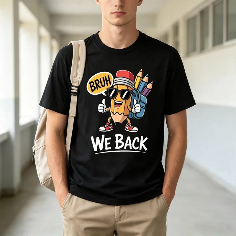 Bruh We Back T-Shirt Pencil Cartoon School Supply Print Funny Student Tee First Day of School Outfit Cute Back To School Y2k Top