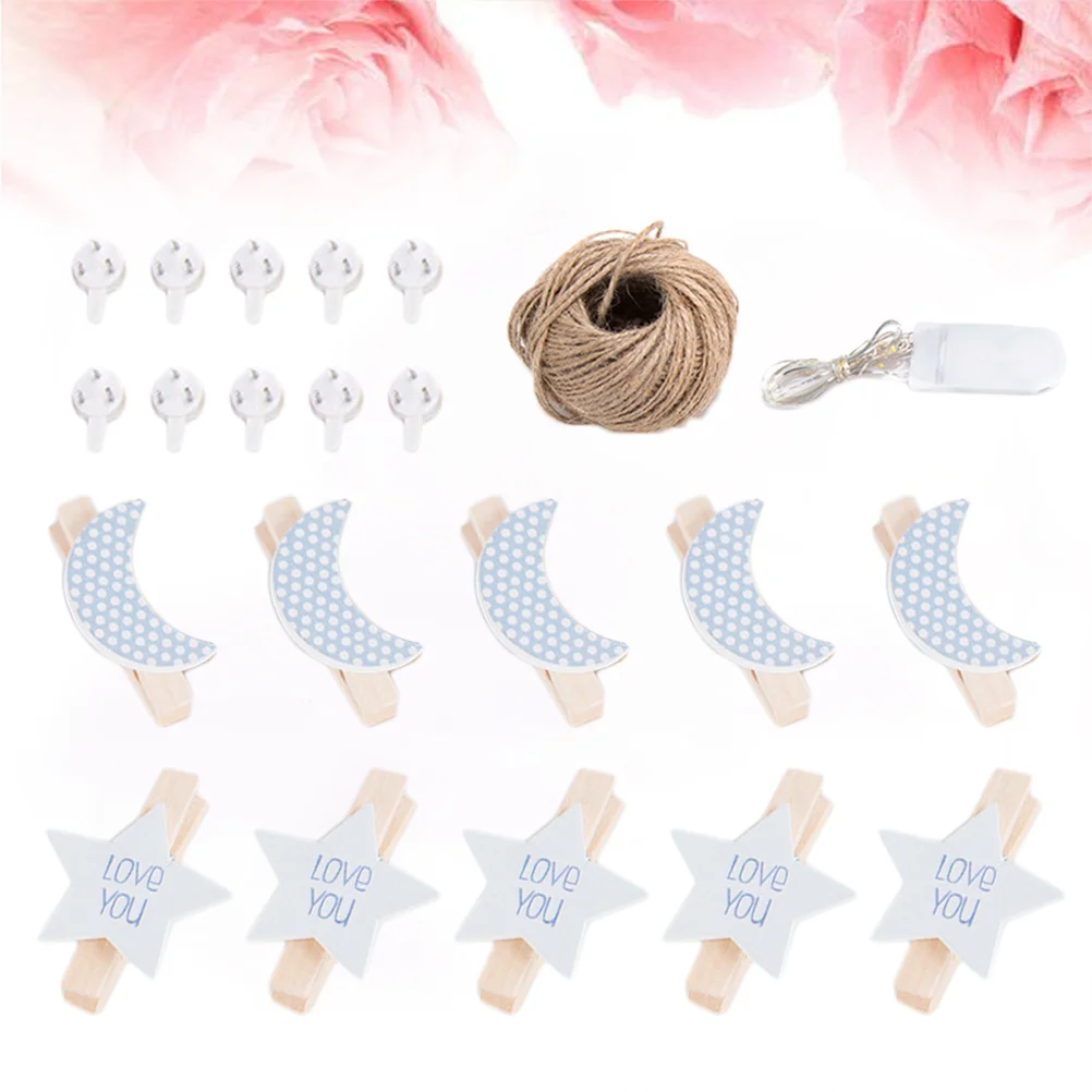 50Pcs Moon Clothespin Wooden Clips Photo Craft Clips with Twine Non-Mark Hooks String Light for Hanging Photos Decorat