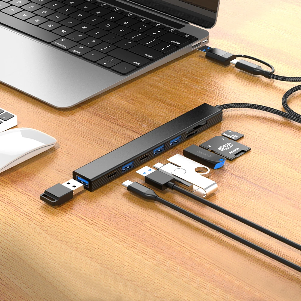 8 Ports USB 3.0 HUB Double Head USB C TYPE C with SD MICRO SD Card Reader USB2.0 Data Transfer Cable Splitter Type C Charge Dock