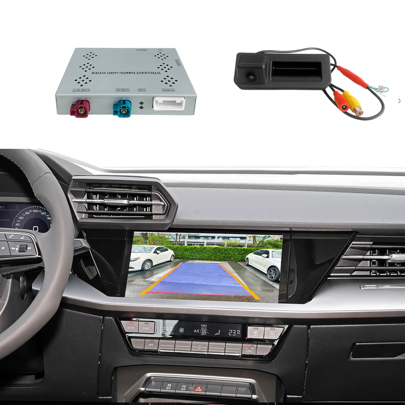 Kamera cofania AHD do Audi A3 A4 S4 A5 Q5 S5 2021-2025, Q3 2019-2025, system MIB3, montaż dodatkowy, widok z tyłu i z przodu, bez potrzebu programowania.