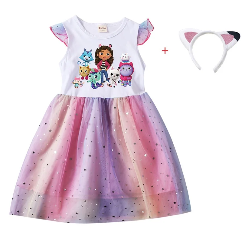 2PCS Baby Girl Princess Dresses + Headband Cartoon Gabby Cats for Kids Clothes Cosplay Costume Children Fly Sleeve Casual Dress