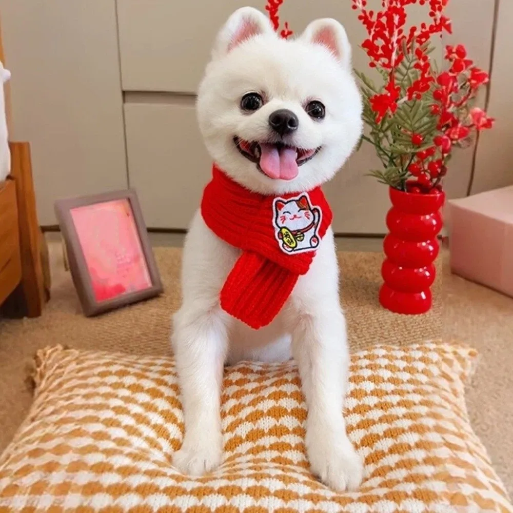 

Durable Red Color Knitted Cat Scarf Warm Festive New Year Dog Scarf Blessing Embroidered Pet Neck Scarf Holiday Events