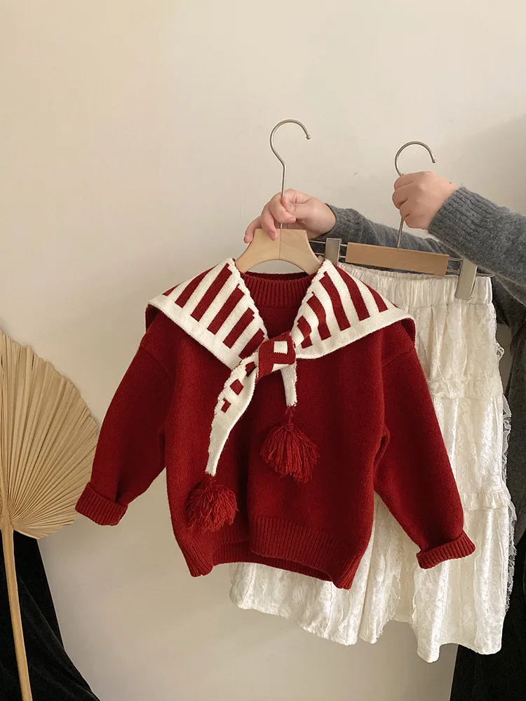 

Girls' Autumn Winter Set with Detachable Striped Knit Shawl+Velvet Lace Fleece-Lined Sweater Skirt Trendy