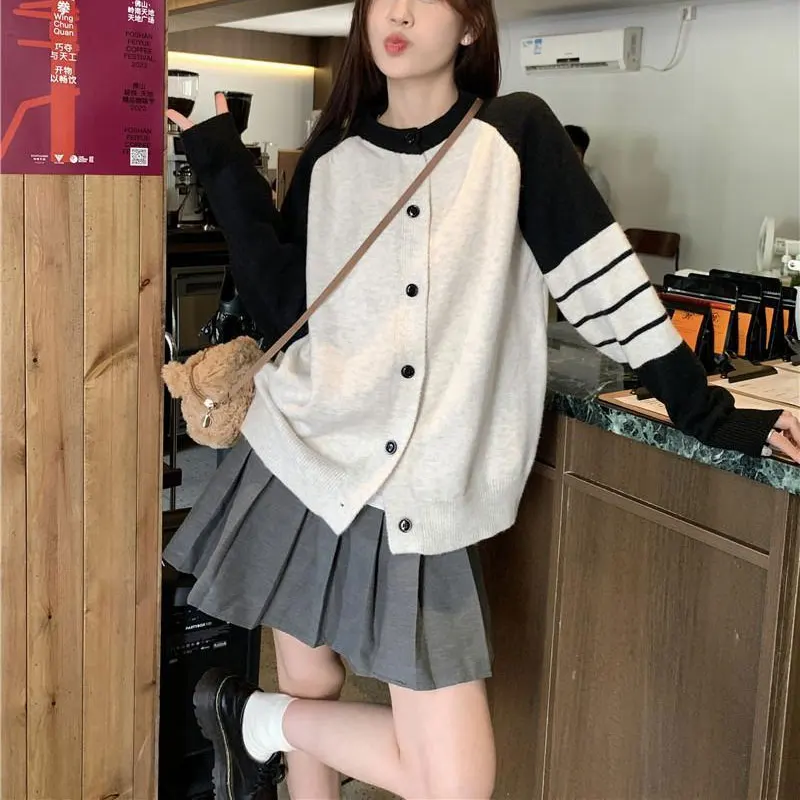 

Korean Patchwork Knitted Cardigan Preppy Style Autumn Winter Contrasting Colors Women's Clothing O-Neck Single-breasted Sweaters