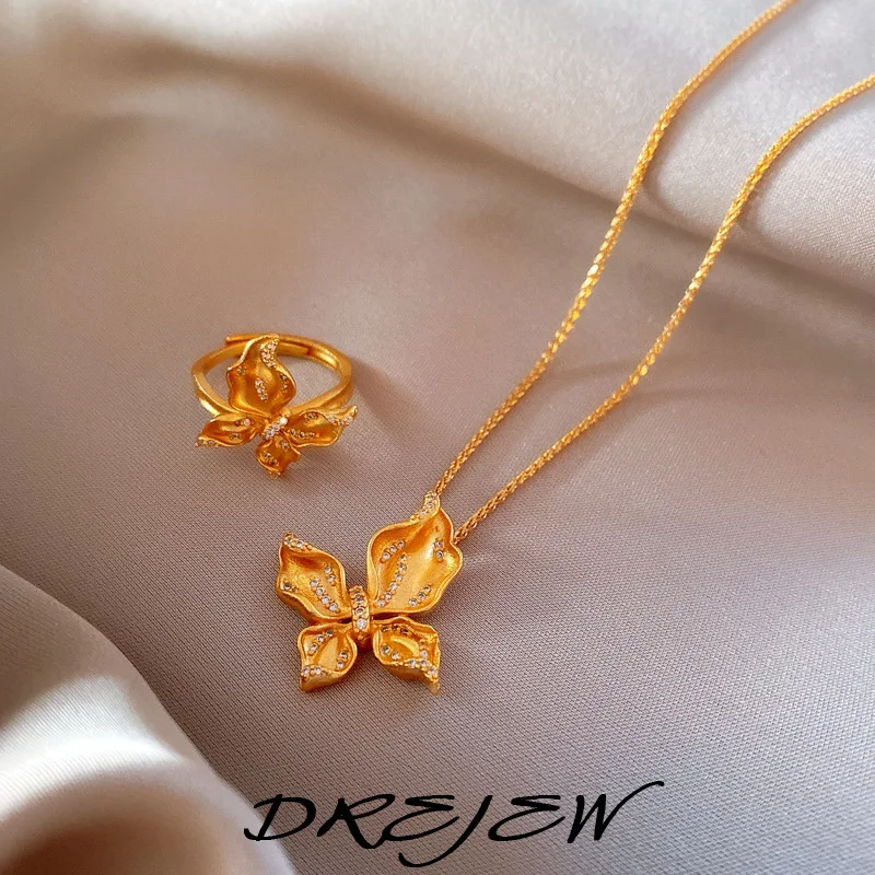 DREJEW New Fashion Sand Gold Zircon Butterfly Necklace Ring Set Vintage Light Luxury High-quality Wedding Jewelry Sets Wholesale