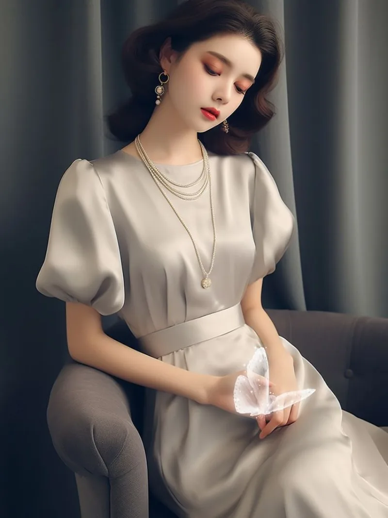 Novo vestido de cetim de luxo francês feminino verão high end elegante cintura fina manga curta o pescoço cor sólida a linha vestidos de festa