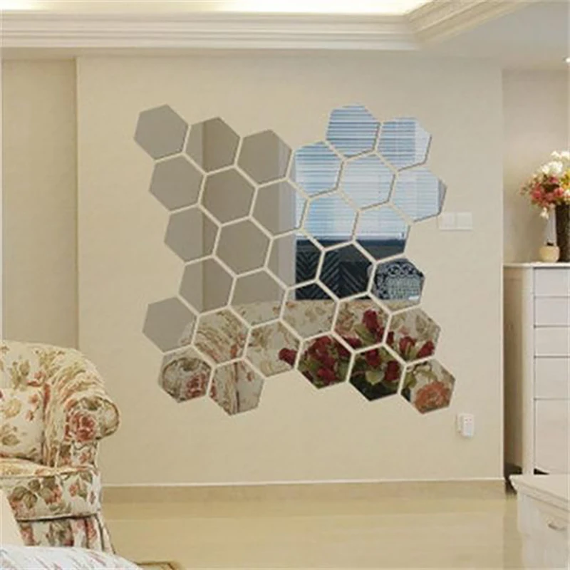 12Pcs Hexagonal Frame Stereoscopic Mirror Wall Sticker Decoration-New