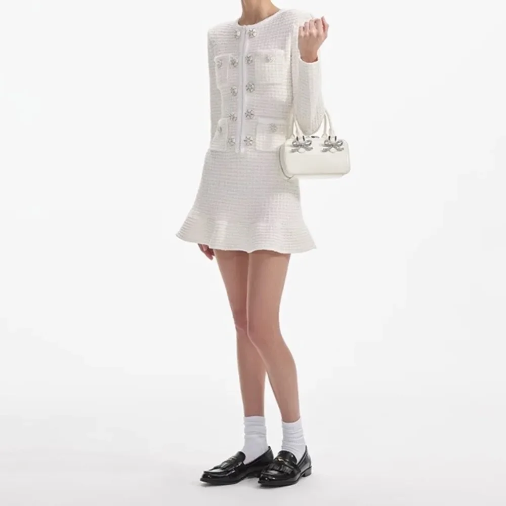 

2024 New Women White Long Sleeve Button Knit Mini Dress High Quality