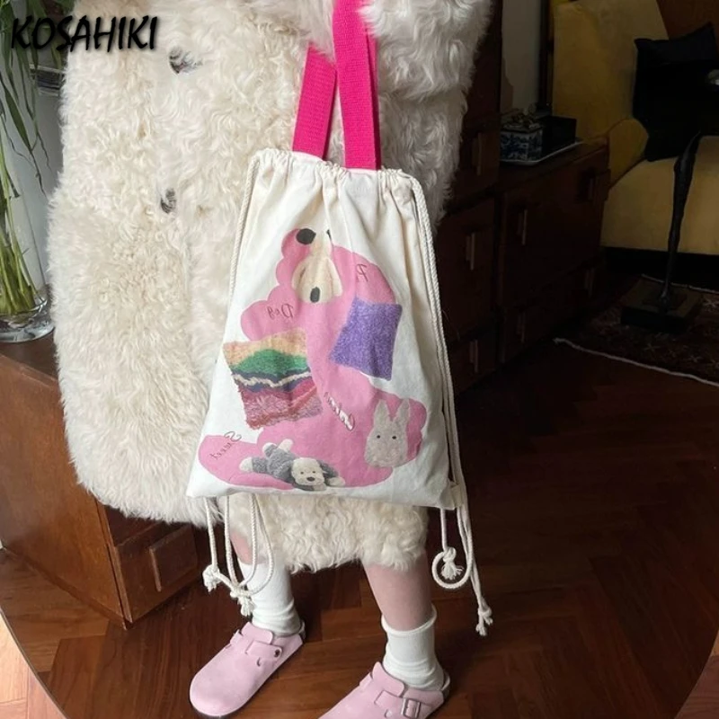 Women Casual Drawstring Shopping Bag Harajuku Kawaii Cute Dog Underarm Bag Fashion Trendy Y2k Aesthetic Chic Shoulder Handbags