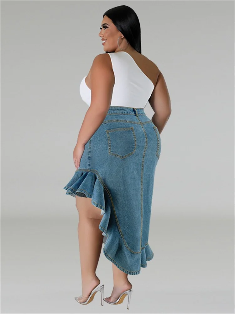 Wmstar Plus Size Only Denim Skirts Women\'s Clothing Maxi Sexy Medium Stretch Long Flounce Skirt Wholesale Dropshipping 2024