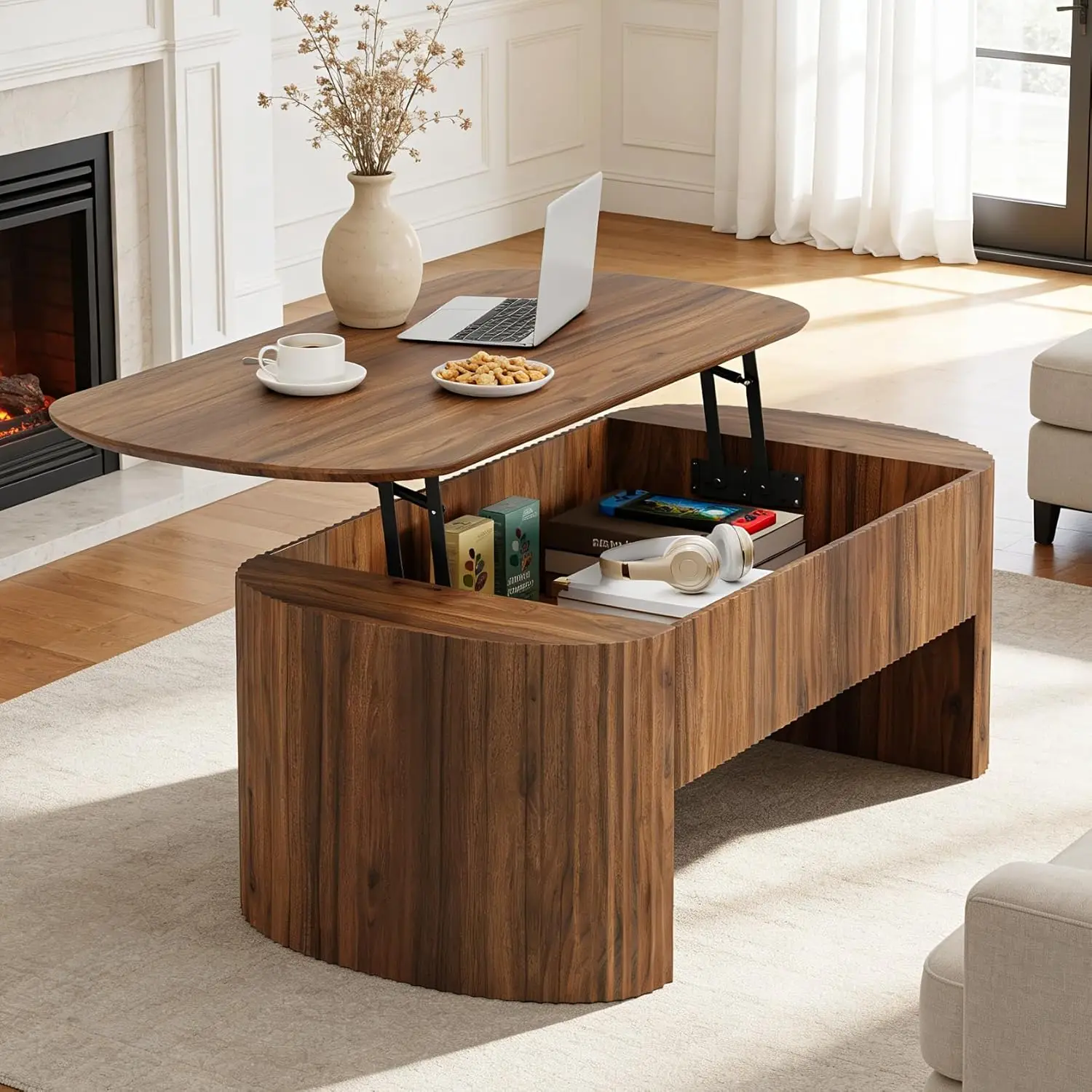 

47in Oval Lift Top Coffee Table with Hidden Storage 24in Raised Height Mid Century Center Table for Living Room, Customized