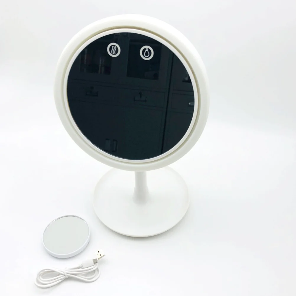 Led Light Vanity 180° Rotating Round Desktop Makeup Mirror With Fan Abs Material Stable Base Hd Reflection For Bedroom Bathroom