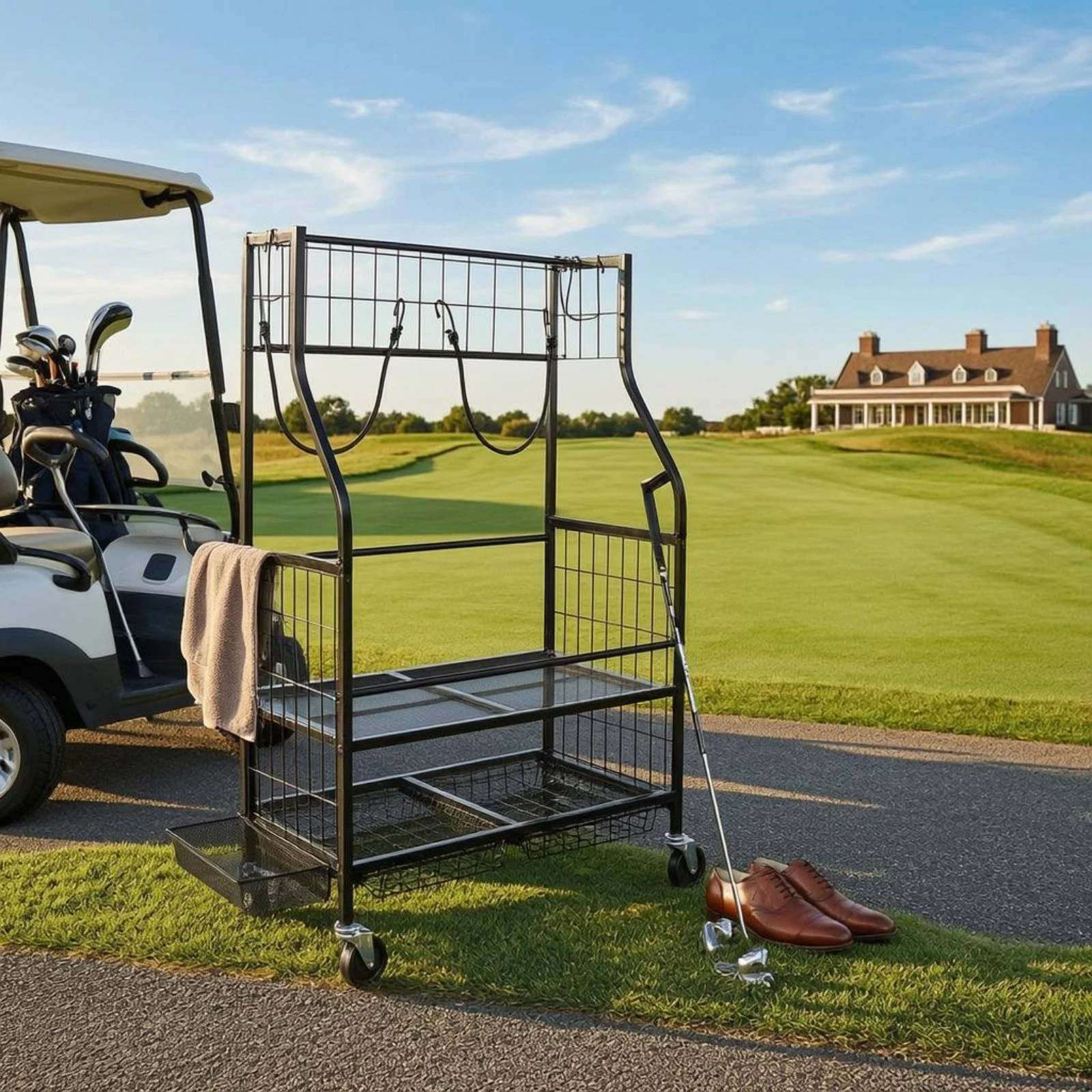 golf-bag-storage-rack-caster-wheels-rolling-golf-bag-rack-metal-two-tier