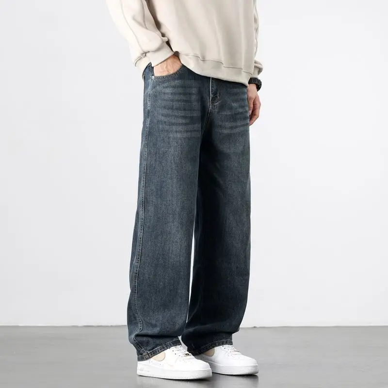Celana Jeans Pria Lurus Longgar Musim Gugur Celana Denim Dicuci Antik Klasik Pakaian Jalanan Trendi Celana Panjang Lebar Korea Kasual