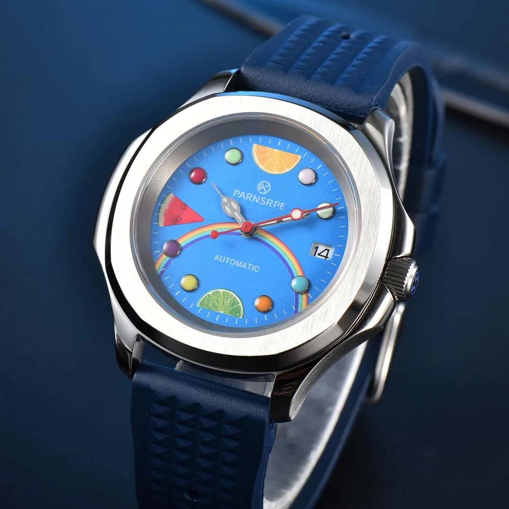 Hot Sale 42mm NH35 Summer Men's Automatic Watch, Fruit Pattern Dial Sapphire Crystal Brushed Case Silicone Strap Sports Watch
