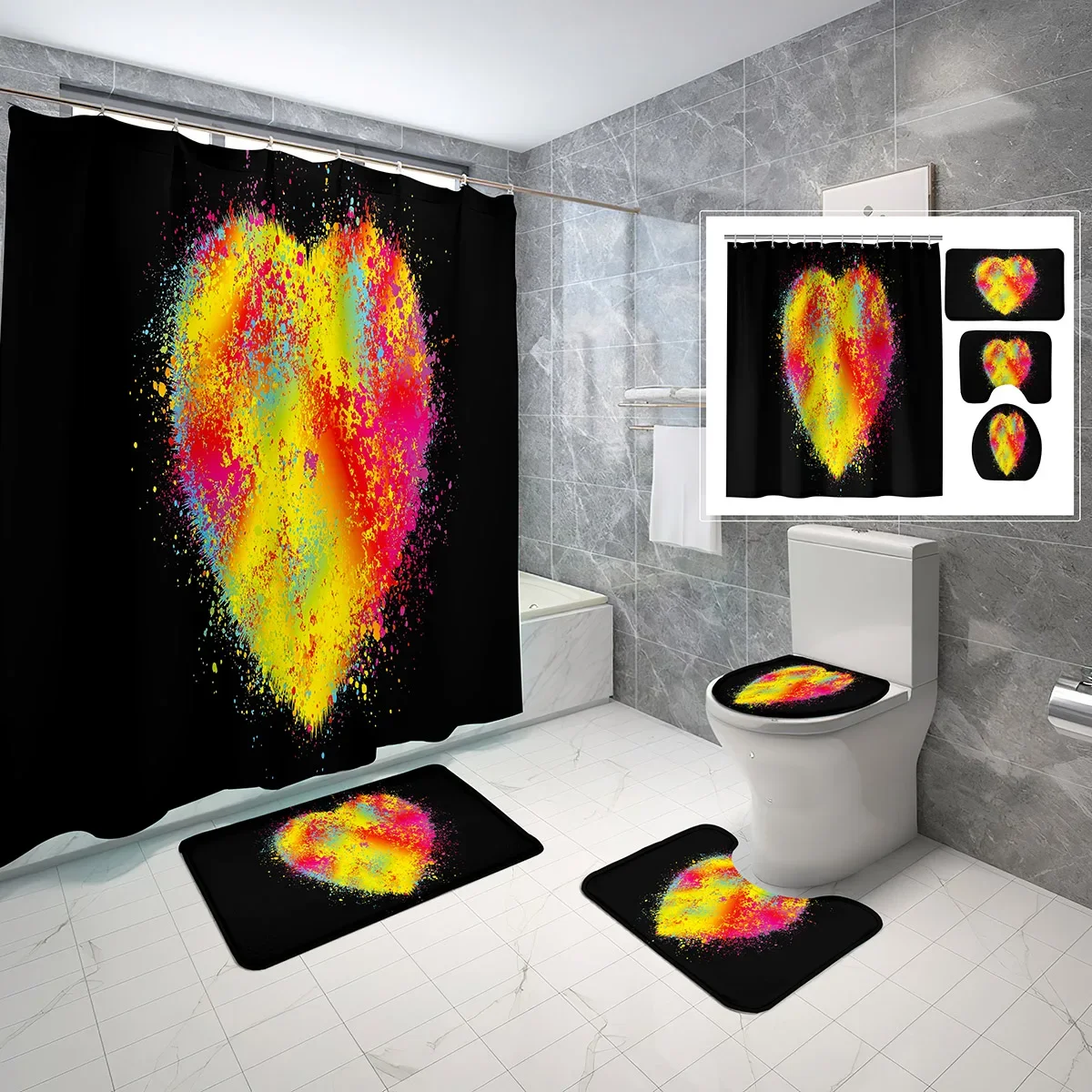 4 Pcs Colorful Heart Shower Curtain Sets Abstract Illustration Art Non-slip Bath Mat Toilet Lid Waterproof Shower Curtain Set