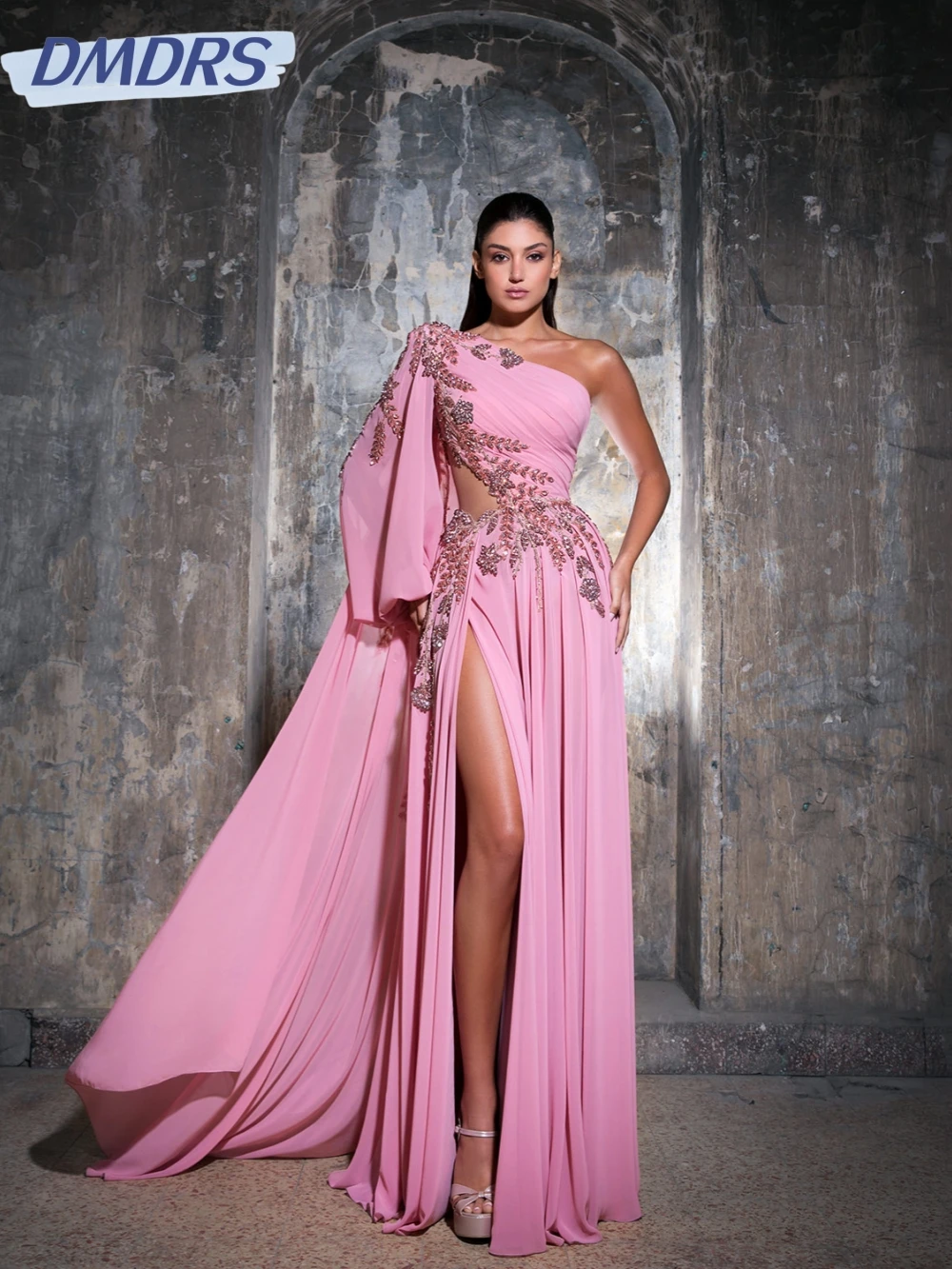 

Luxurious Crystal Chiffon Long Evening Dress One Shoulder High Slit Wedding Party Gown New Customized Graceful Prom Dresses
