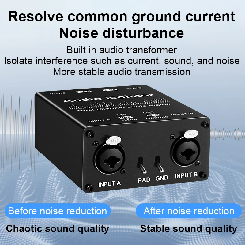 Dual Channel XLR Audio Isolator, Professional Noise Reduction Eliminates Buzzing Humming Current Noise with 6.5mm Jack