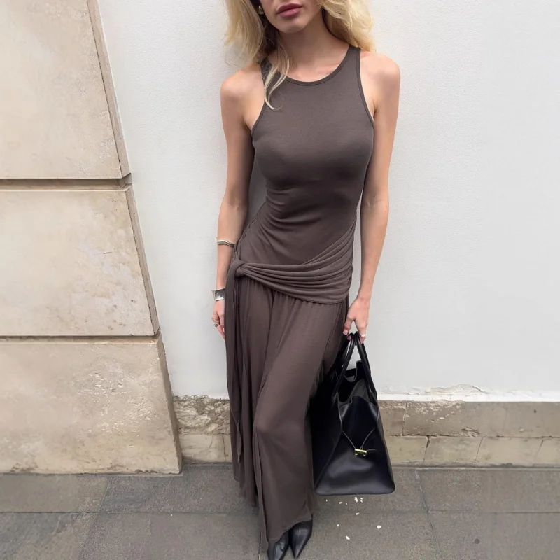 

Spring New Fashionable Patchwork Ribbon Ruffle Edge Slim Fit Street Style Mid Color Solid Color Dress
