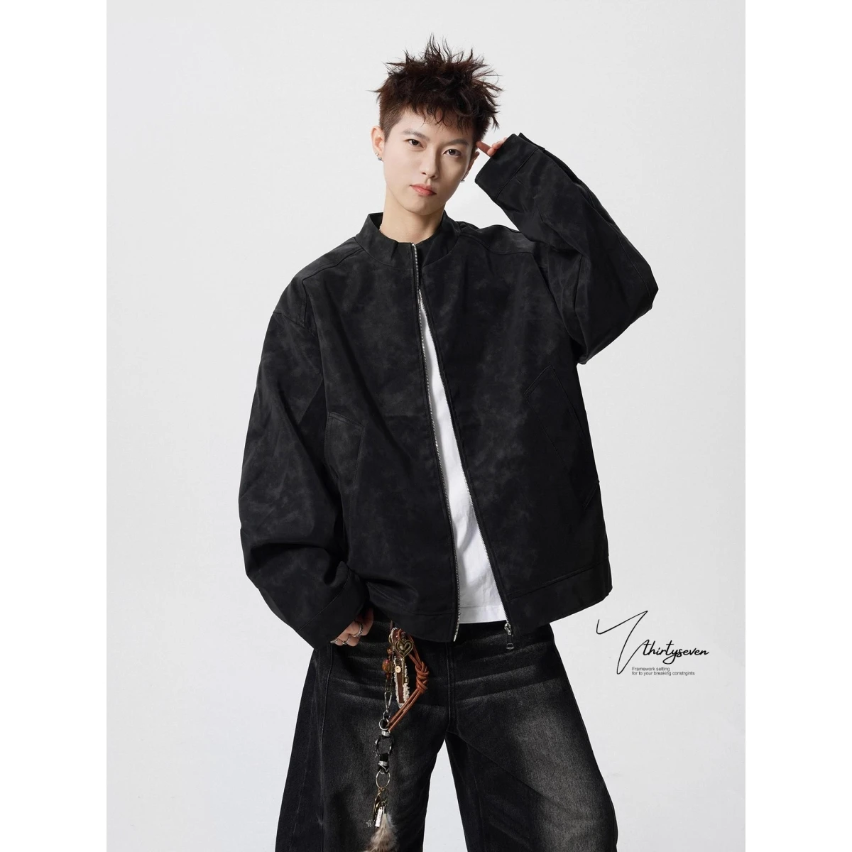 

Retro Cleanfit Faux Leather Jaet Men's Autumnal American Marble Pattern Stand Collar Coat Warm Casual Sle High Gloss PU Skin