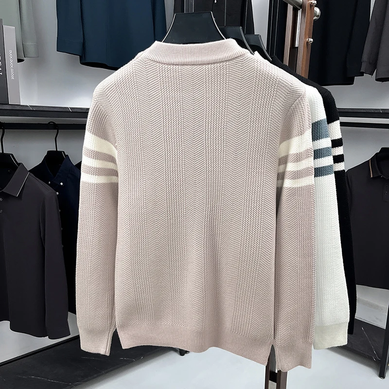 men's autumn winter long sleeves high quality sweater round neck stripe keep top warm knitwear leisure innerwear men's clothing