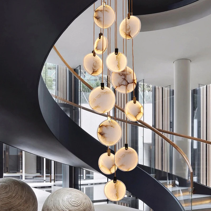 

Modern LED Luxury Marble Chandeliers Staircase Hanging Pendant Lights Lobby Hallway Villa Living Room Decor Long Gold Stone Lamp